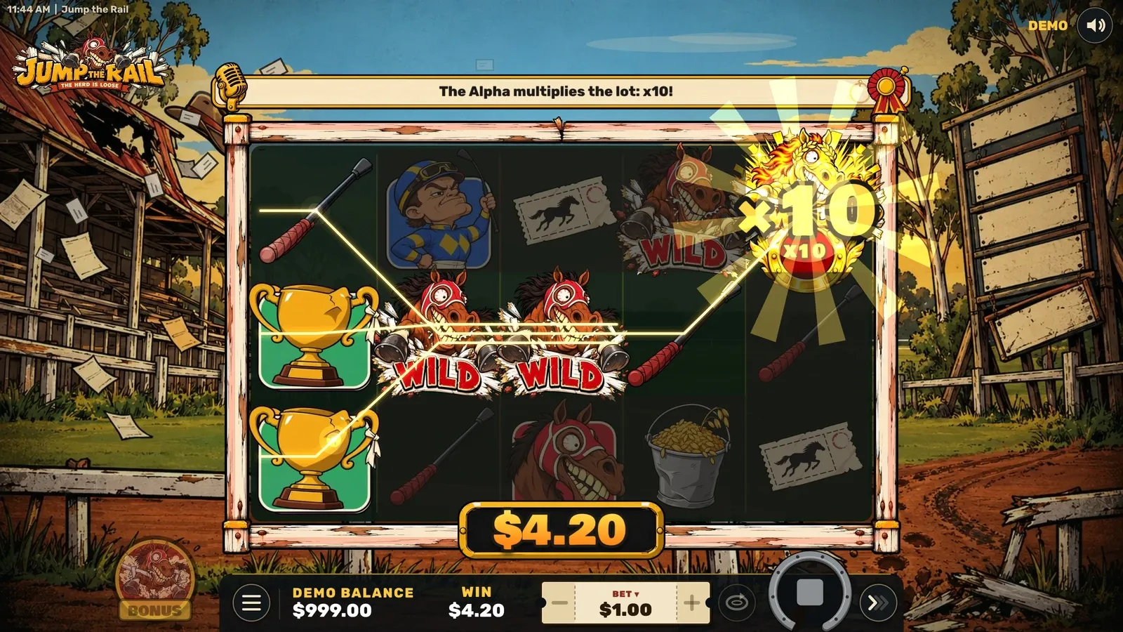 Four at once: Three runaways and the golden Alpha x10 on one base game spin.