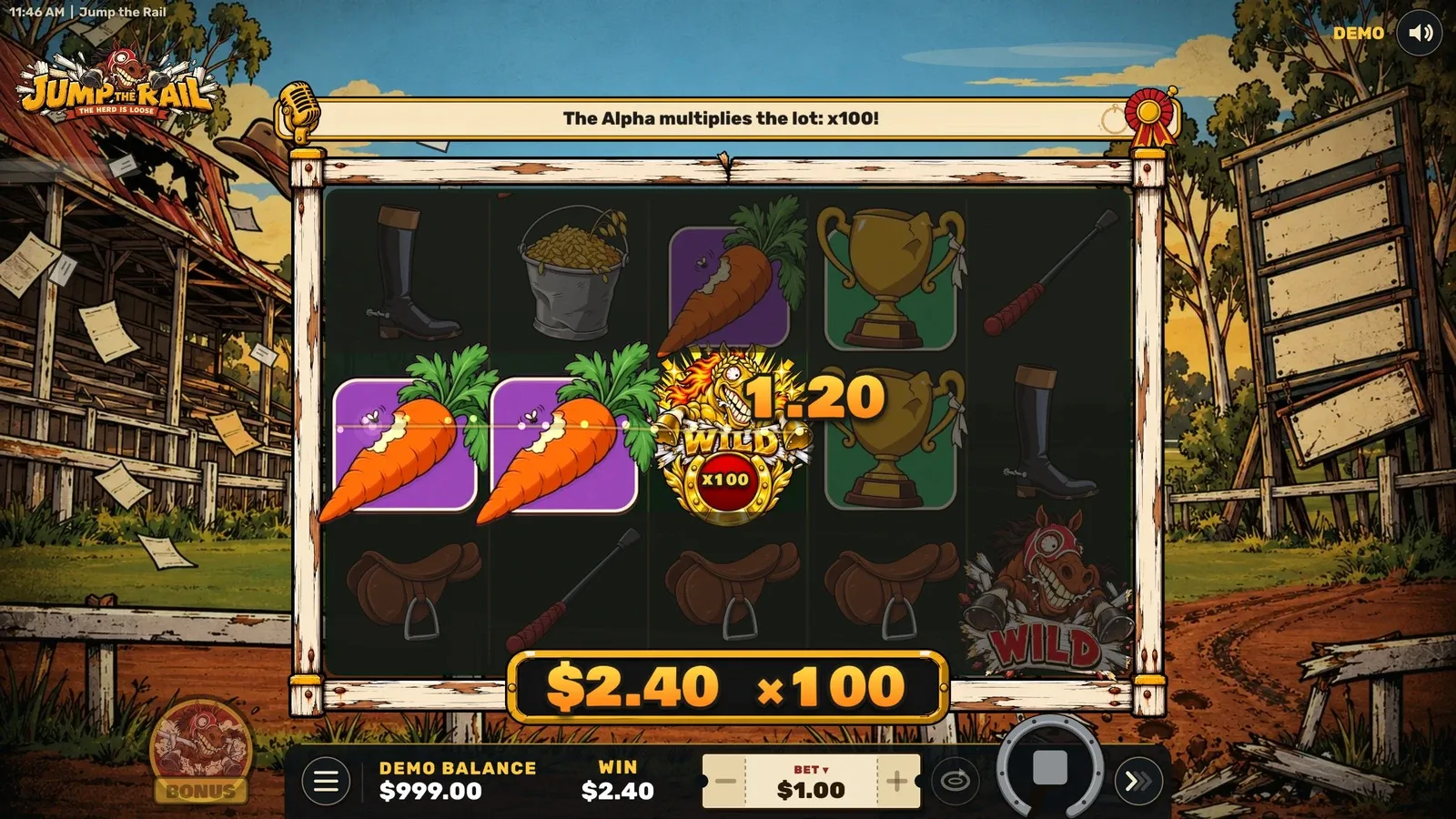 Gold, x100: The Alpha Stallion lands at x100 and multiplies the whole spin.