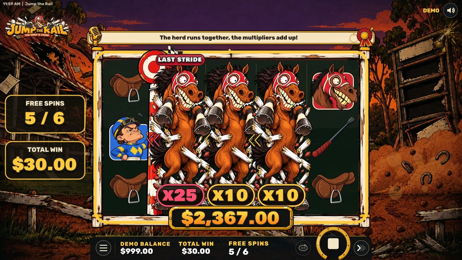 The herd adds up: x25, x10 and x10 on one line: 2,367x the bet on a single free spin.