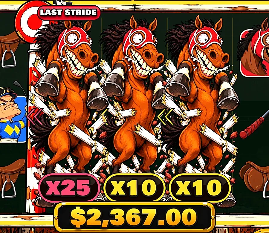 Three stacked horse wilds at x25, x10 and x10 paying $2,367 on a $1 bet